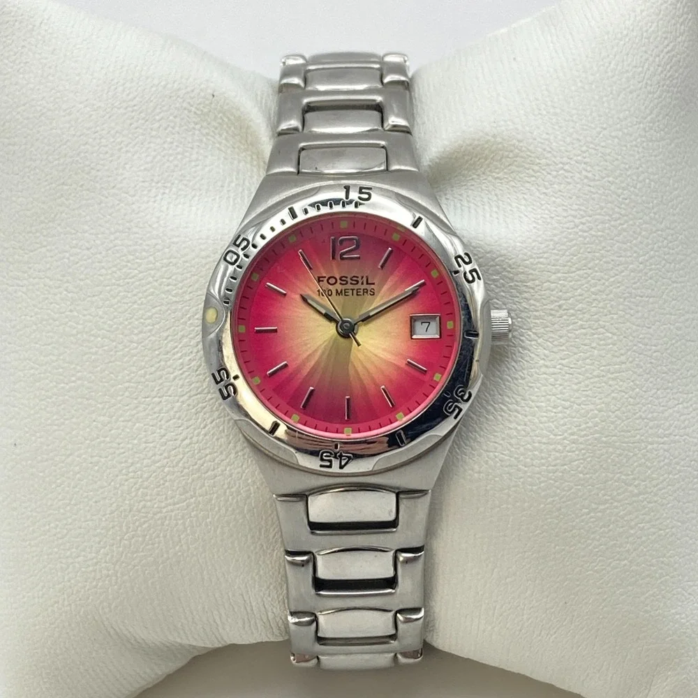 Fossil Women's Watch 28mm Silver Tone Red Yellow Ombre Date New Battery SMALL 6